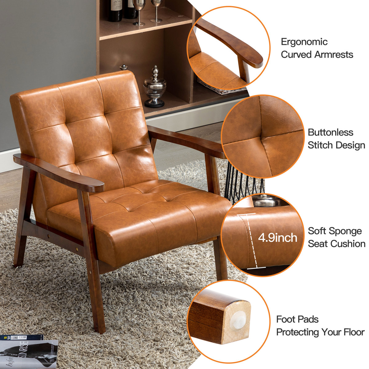 Havva 21.65'' Wide Tufted Artificial Leather Mid-Century Modern Armchair